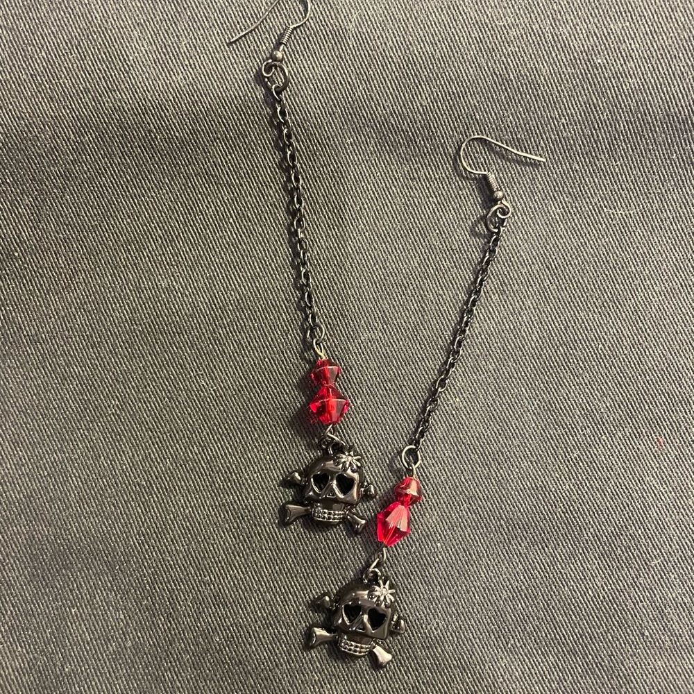 Red and Silver Dangle Earrings with Chains and Skull Charms